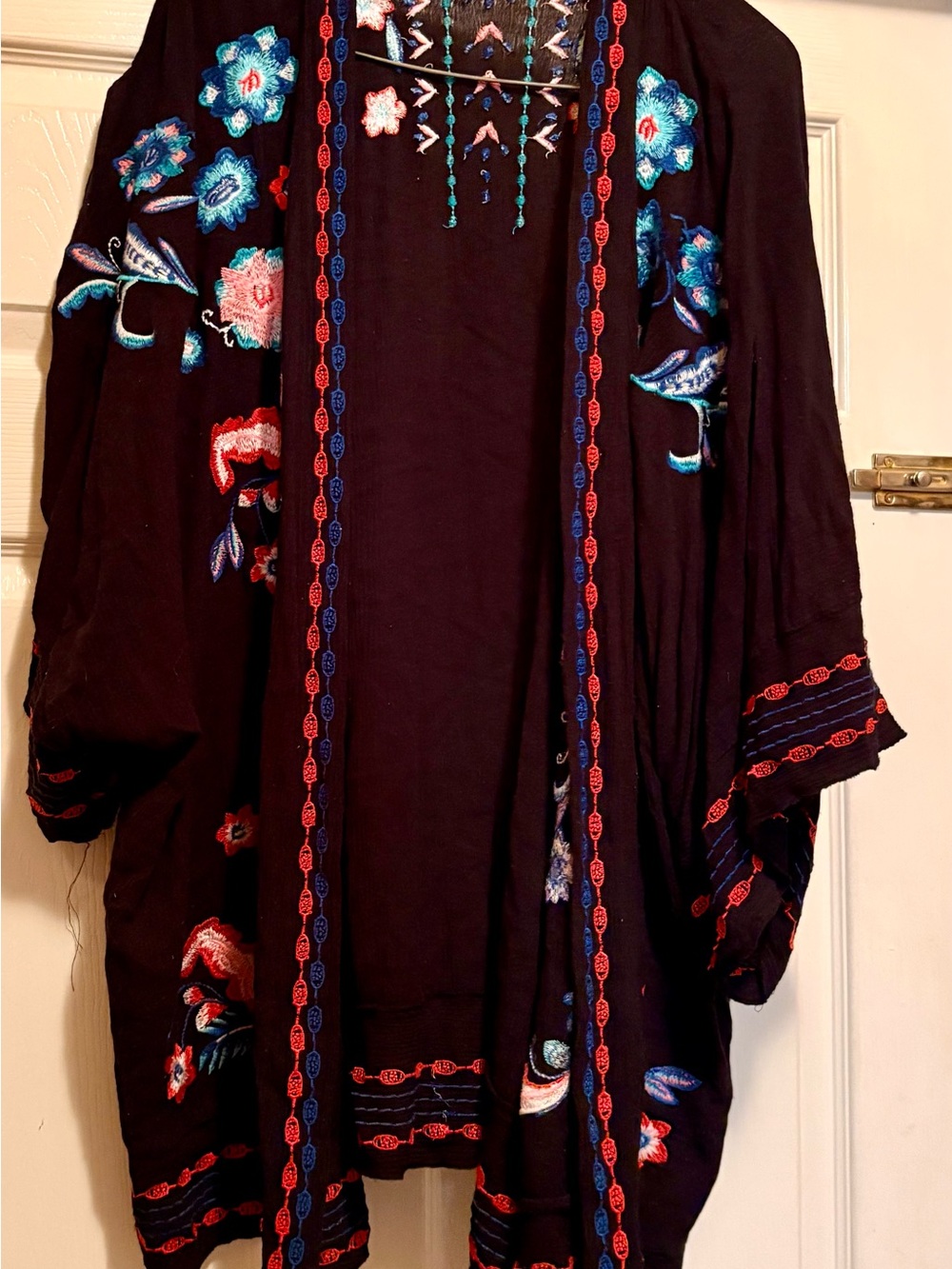 Black Embroidered Open-Front Kimono Robe with Multicolor Floral Detail-Size M/L